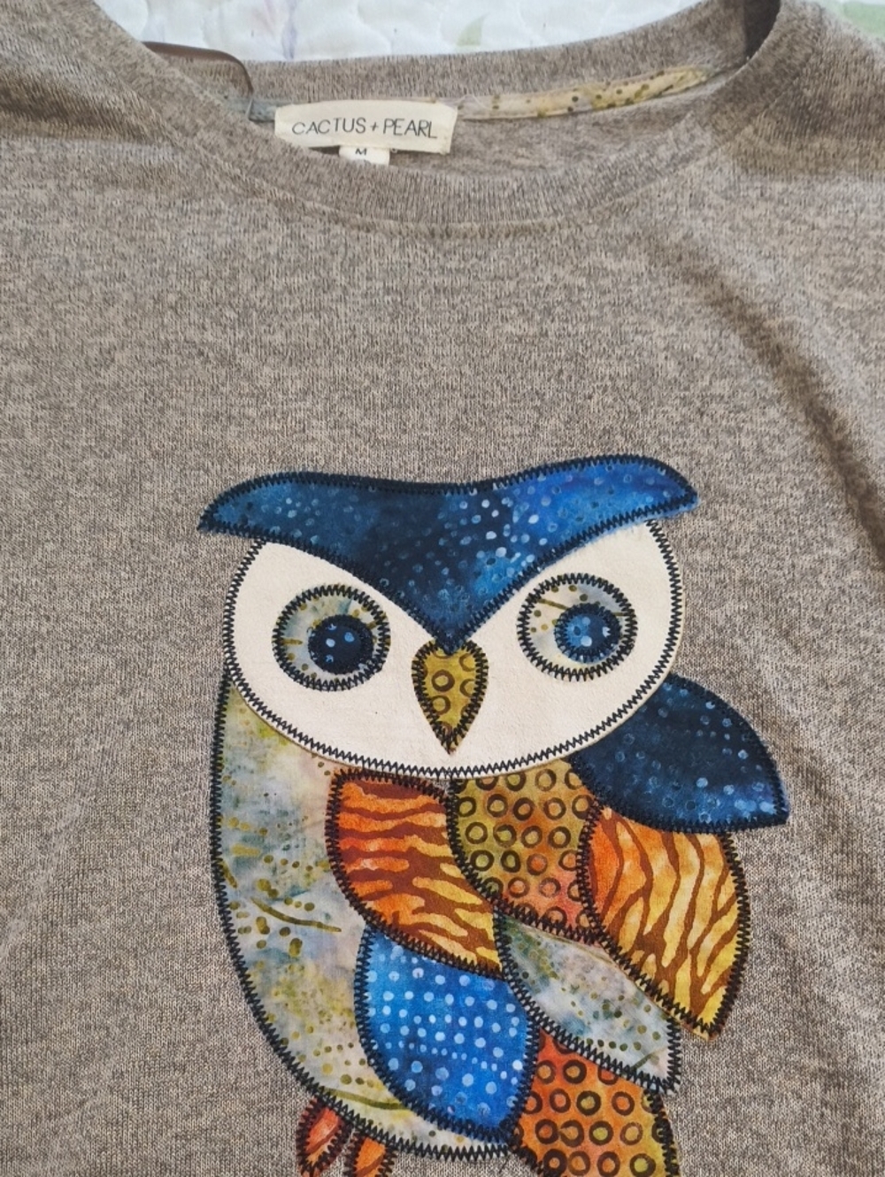 Cactus + Pearl Gray T-shirt with Colorful Owl Applique